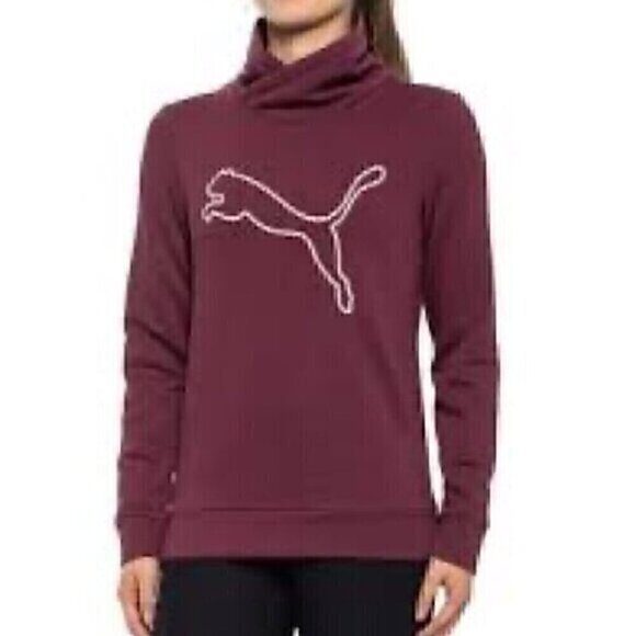 PUMA Asymmetrical Cowl Neck Fleece Sweatshirt Burgundy Maroon Red Logo Medium M - Picture 1 of 12